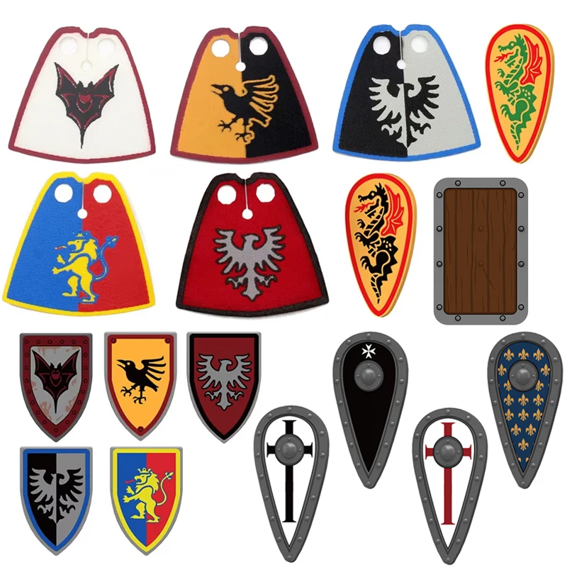 Mittelalterliche Ritter Figuren Zubehör Bausteine Offizier Umhang Helm Cape Rüstung Schild Schwarzer Adler Roter Löwe Spielzeug MOC Ziegel