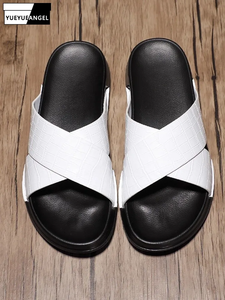 Summer Mens Cross Strap Genuine Leather Slippers Casual Light Weight Flats Beach Shoes Fashion Antiskid Platform Slides Footwear