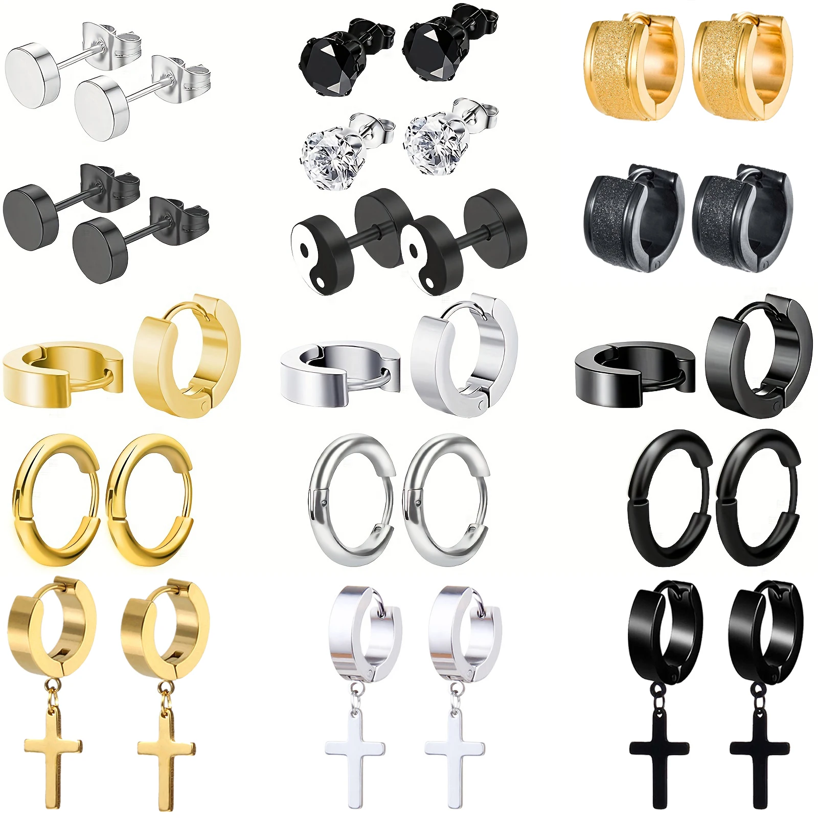 2/32pcs Unisex Punk Fashion Stainless Steel Round Cubic Zirconia Barbell Stud Earrings Cross Pendant Circle Huggie Hoop Earrings