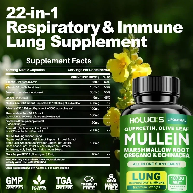 Mullein Leaf Capsules, Natural Mullein for Lung Cleanse Support，Support Healthy Respiratory Function & Mucous Membranes