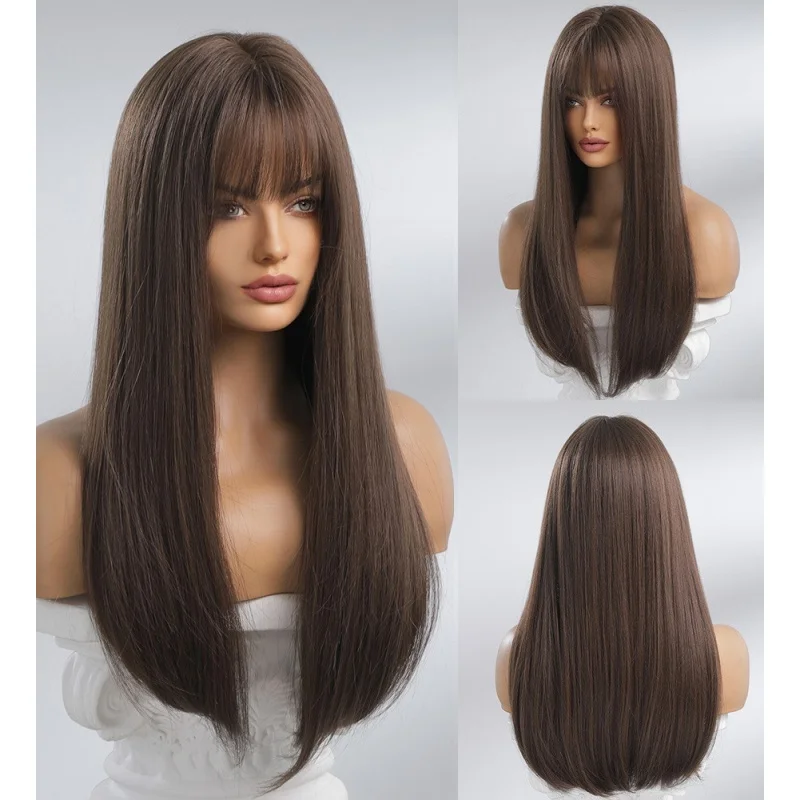 Heat Resistant Synthetic Hair Costume Wig With Bangs Choc Brown Long Straight