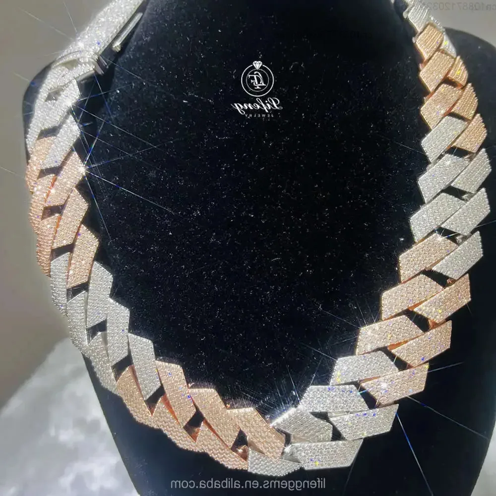 

15mm Necklace Hip Hop Bling Diamond Iced Out Moissanite Rose Gold Plated Cuban Chain
