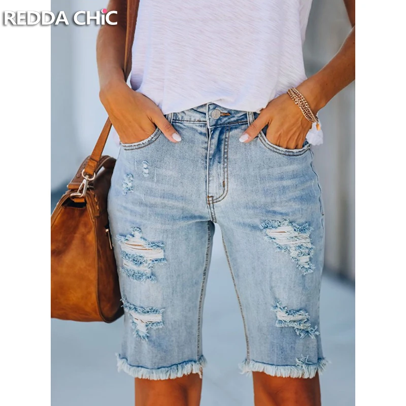 

ReddaChic Denim Destroyed Bermuda Pants Women Do Old Raw Edge Pockets High Rise Skinny Stretch Jean Shorts Retro Y2k Streetwear