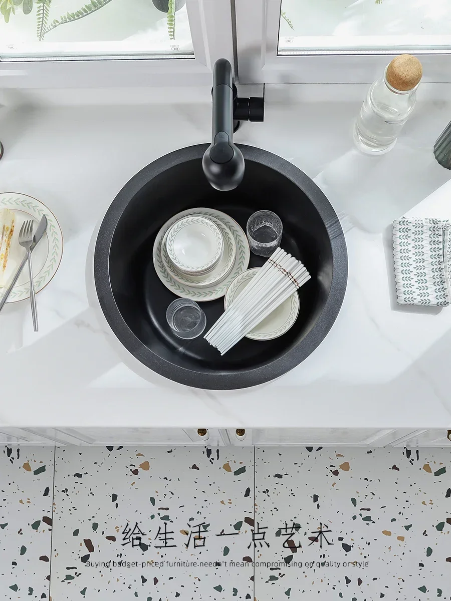 

Kitchen quartz stone circular single slot corner sink dishwashing sink