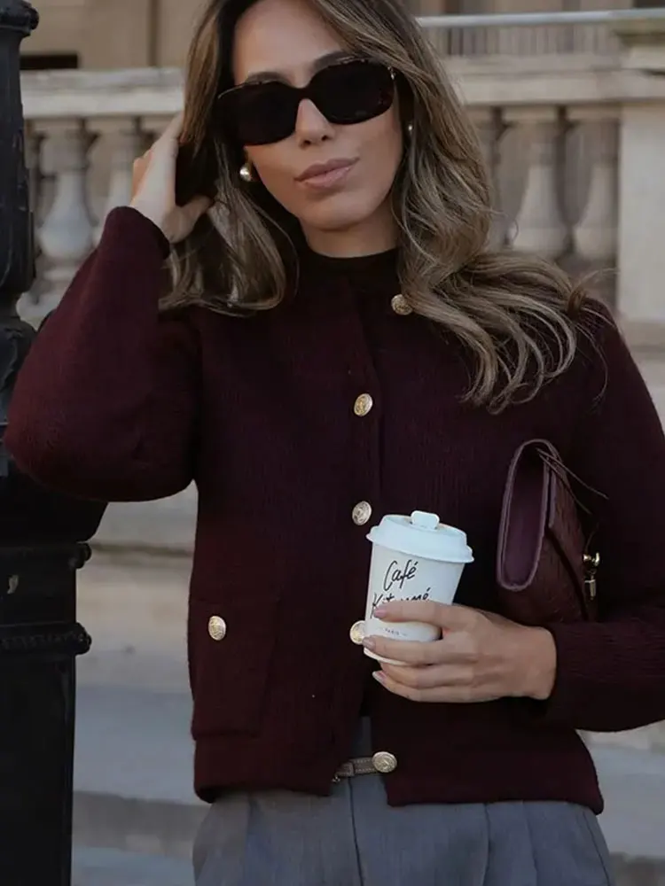 HH Women\'s Winter Slim Short Knitted Cardigan Jacket Retro Round Neck Gold Breasted Decoration Elegant Women\'s Casual Jacket
