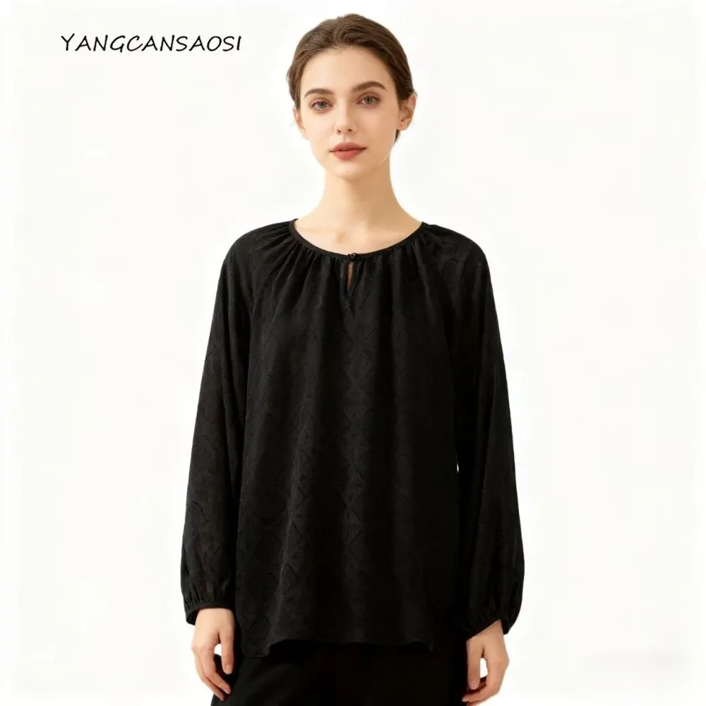 

2026 Women's Early Spring New Clothing Top 100% Silk Jacquard HuaLuo Round Neck Lantern Long Sleeved Versatile Casual T-shirt