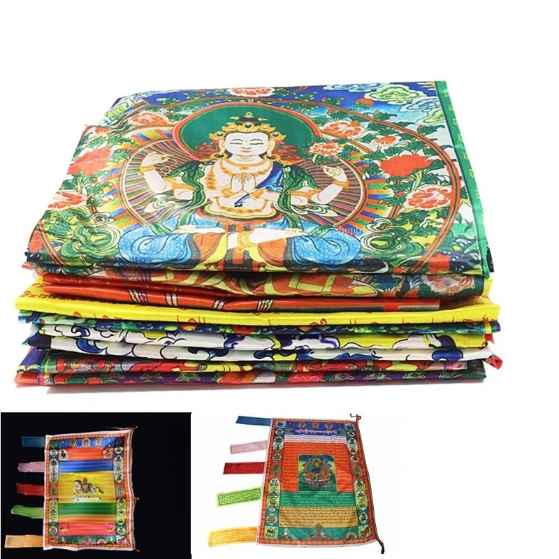 Colorful Prayer Flags Silk and Cloth Flags Wind Horse Flags Are Hung Upright Green Tara Guanyin Buddhism Religion Decorations