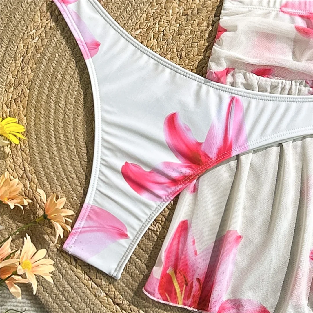 Blumenmuster, mit Rock, Neckholder-Bikini, Damen-Badebekleidung, weiblicher Badeanzug, dreiteiliges Bikini-Set, Badeanzug, Badebekleidung, Schwimmbekleidung V7621 – Detail 12
