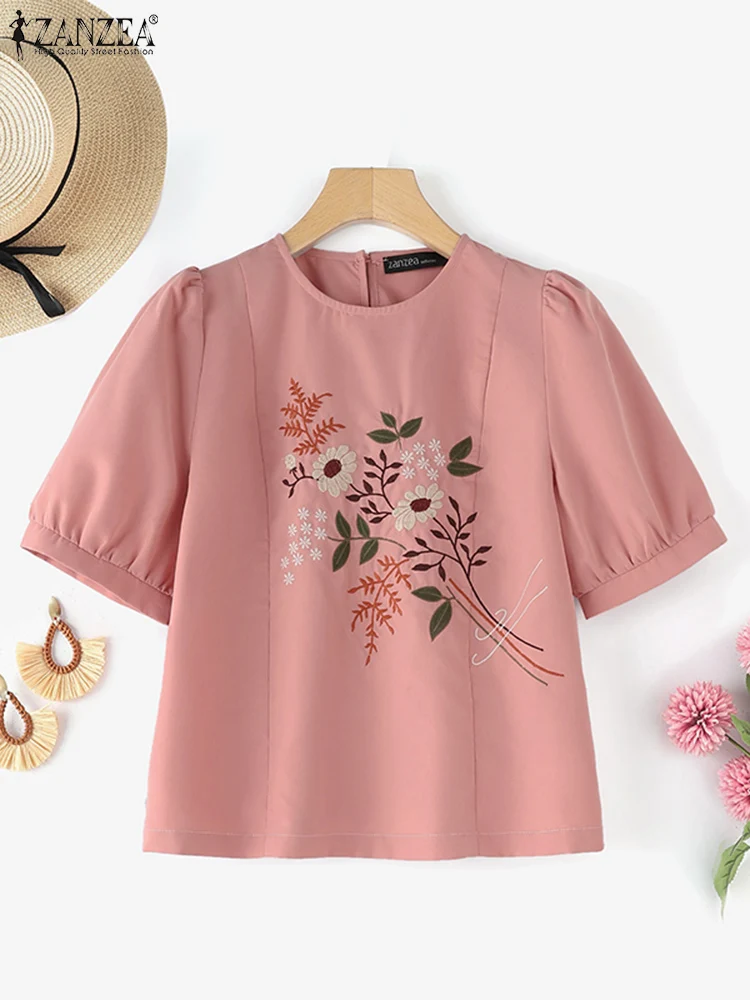 Zanzea Urlaub Frauen Blusas lässig jeden Tag 2024 Mode Blumen stickerei Sommer blusen kurze Puff ärmel o Hals Hemden Tops