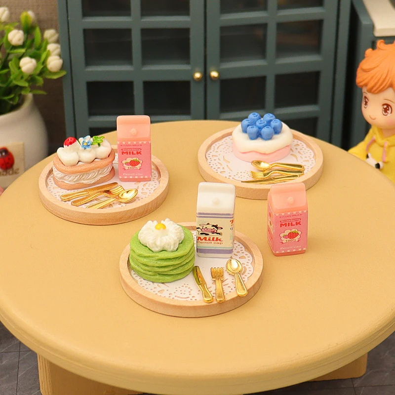 1 セット 1:12 ドールハウスミニチュアケーキミルクフォークトレイ食品モデルキッチン装飾おもちゃドールハウスアクセサリー子供のギフト