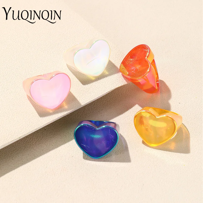 New Korean Heart Colorful Acrylic Gothic Rings Set For Women Big Kpop Finger Rings For Girls Punk Party Fashion Jewelry Simple