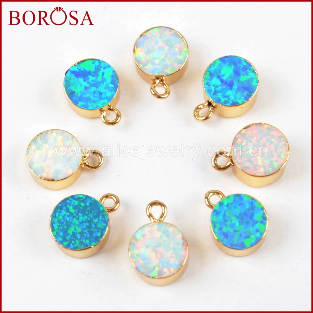 Fashion 7mm Round Shape Gold Plated Man-made White Blue Opal Charm for Necklace/Earrings Making