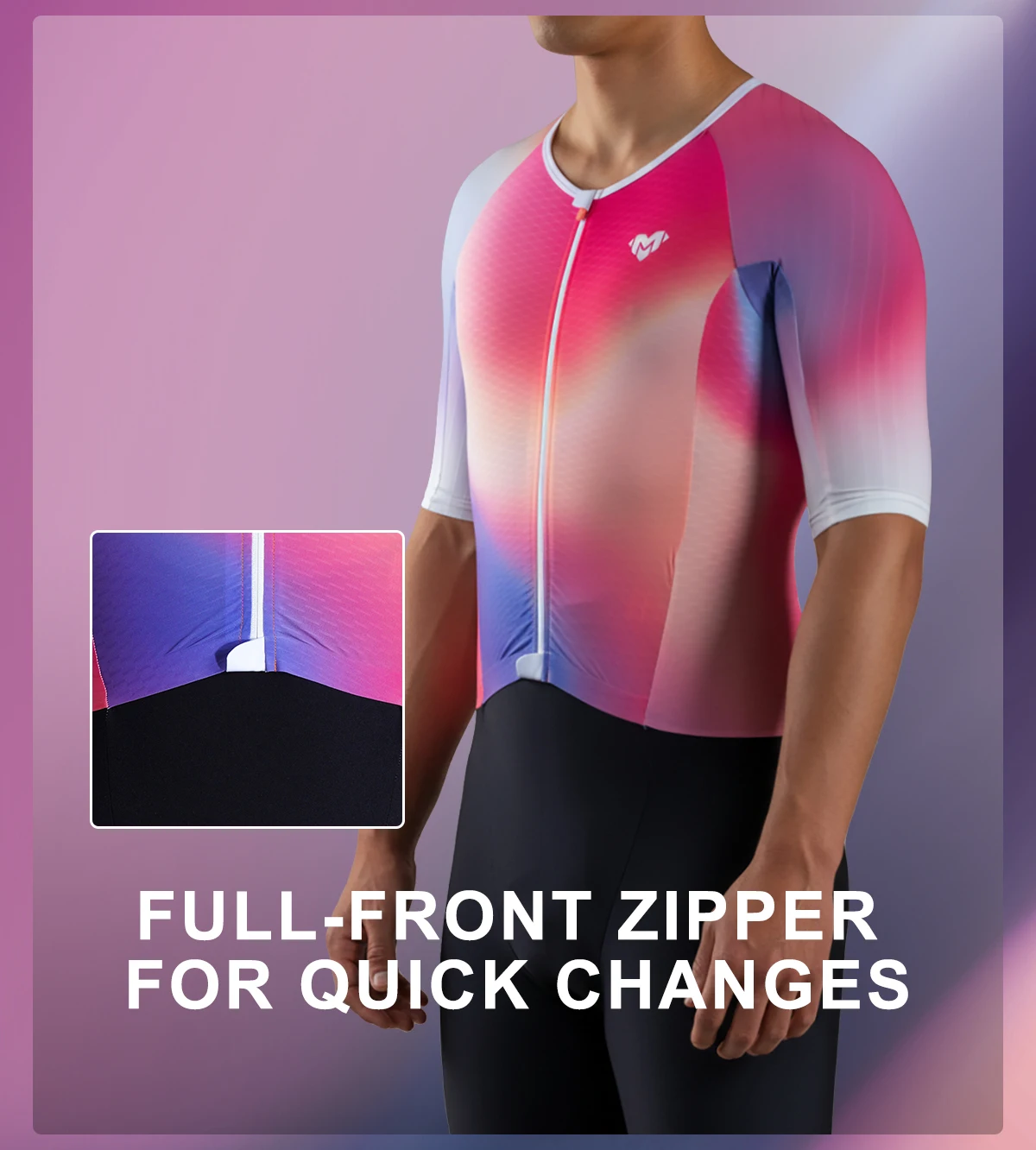 Triathlon-Anzüge für Herren Schnelltrocknend Leichtgewichtig Kurzärmelig Schwarz-Lila Einteilig für Radfahren Laufen Schwimmen TriSuit MY KILOMETRE – Detail 19