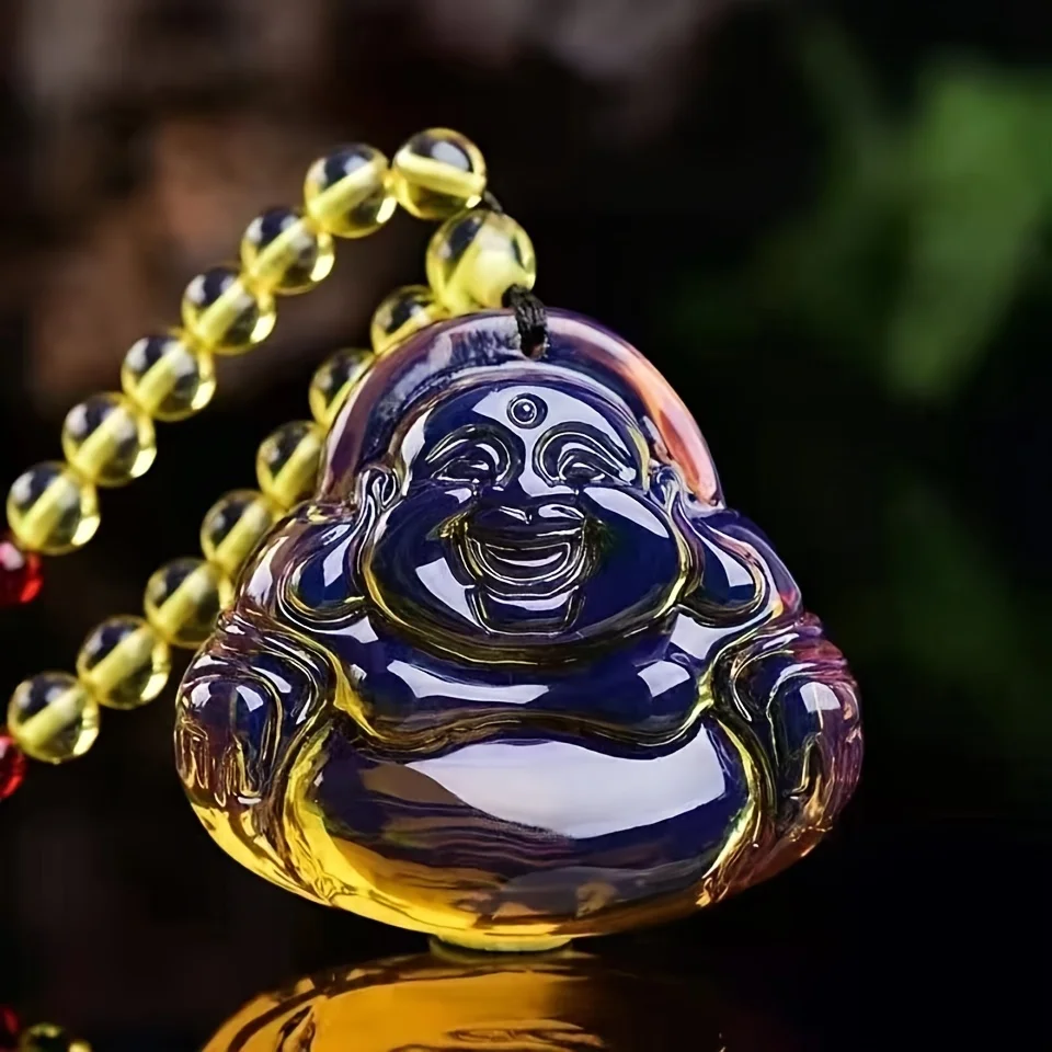 Domini Blue Amber Engraved Pendant Necklace, Gradual Change of Color Blue Amber Sweater Chain