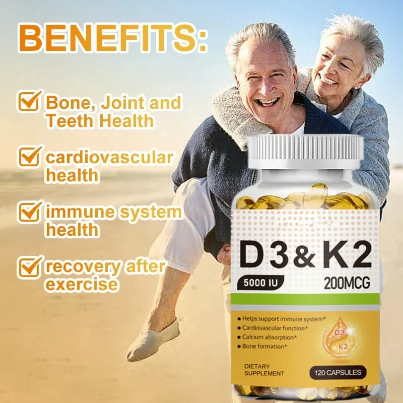 D3+K2 Vitamin D3 5000IU and 200 Mcg Vitamin K2 (MK-7) Vegan Capsules for Bone Density,teeth,skin,heart Health and Immunity.