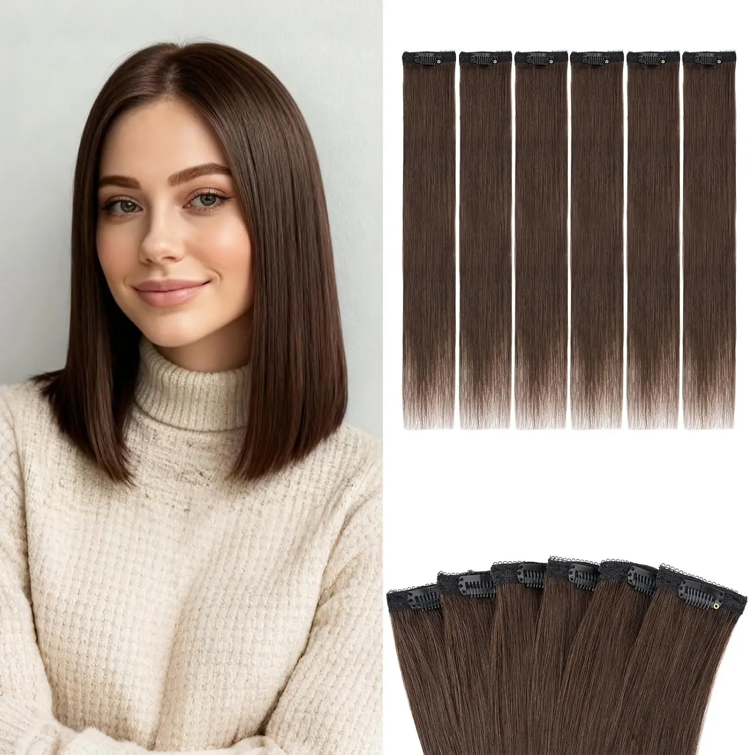 Mini extensions de cheveux à clipser, 6 pièces, extensions de cheveux humains véritables pour cheveux courts, postiches sans couture pour femmes, 30cm, 30g, brun foncé