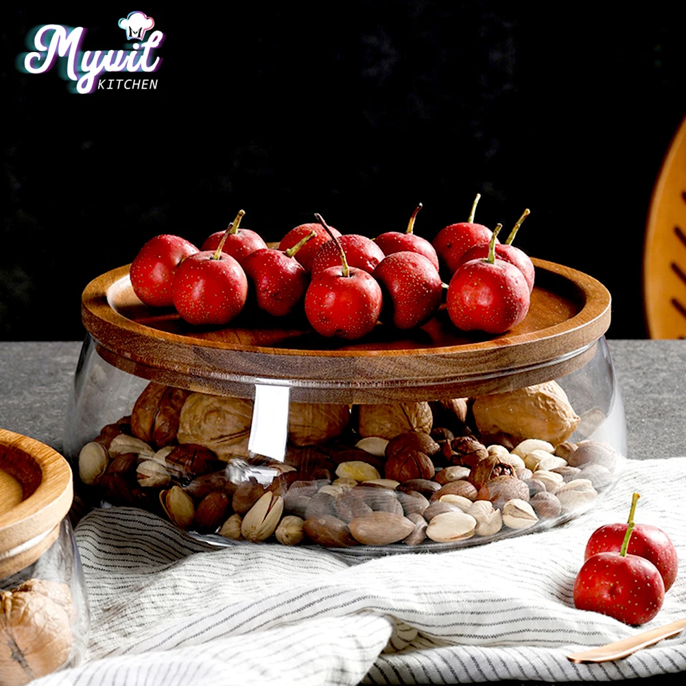 

Glass Food Storage Container with Wooden Lid Multi Compartment Snack Fruit Organizer Kitchen Living Room Desktop Serving Tray