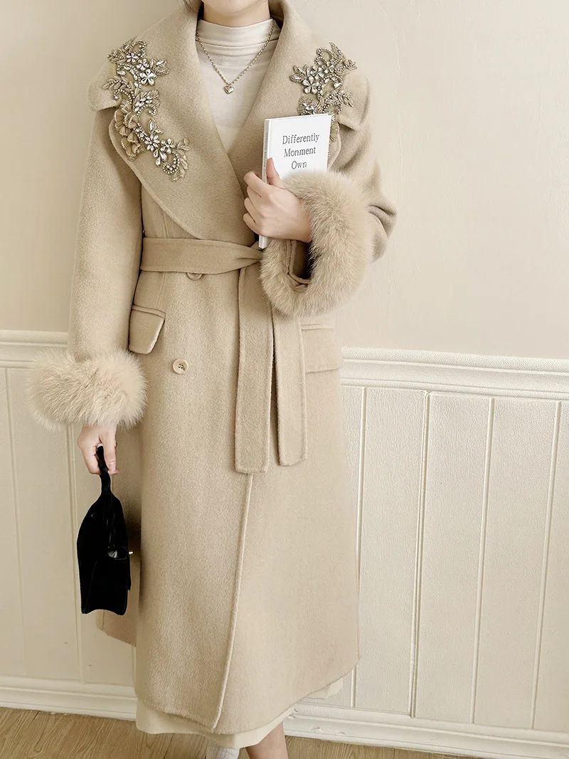 Hot-selling fox fur high-end bead embroidery rich daughter extra long double-sided wool coat temperament woolen coat for women