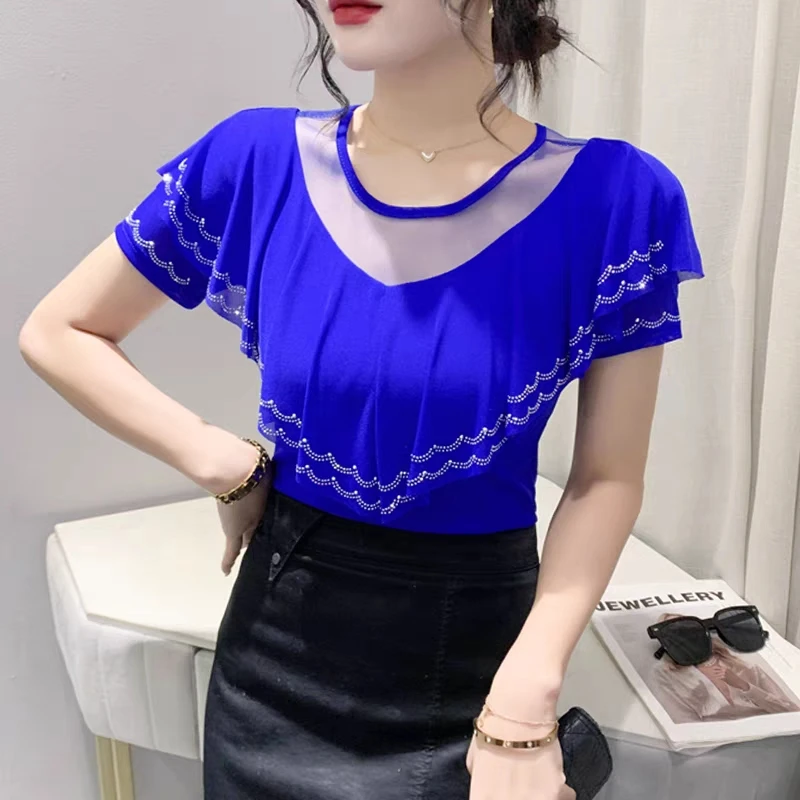 Fashion Summer European Clothes T-Shirt Chic Sexy Ruffles Shiny Diamonds O-Neck Tees Hot Drilling Short Sleeves Elastic Tops