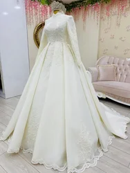 Customized Muslim Lace Long Sleeves Plus Size Wedding Dresses Sweep Train High Neck Satin Vestidos De Noiva Bridal Dress 2023