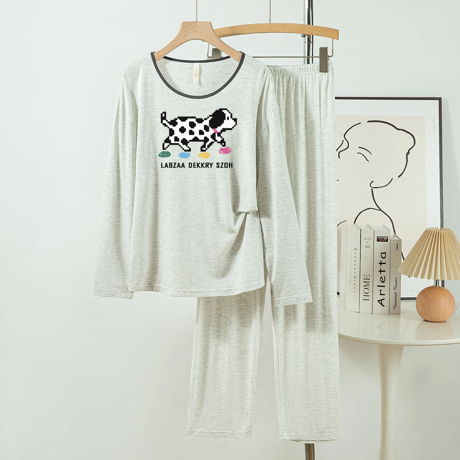 

5181-299 Повседневные и удобные пижамы из модального хлопка для женщин, новые весенне-осенние длинные брюки с длинными рукавами, однотонные повседневные