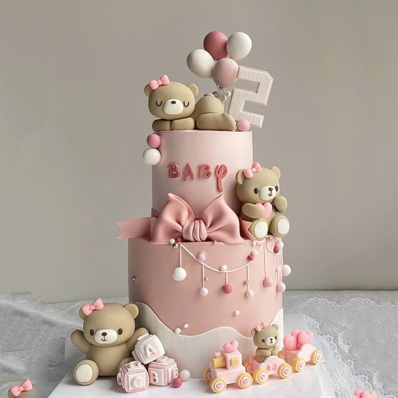 Pink Blue Bear Cake Topper Bear Doll Ornaments Cake Insert Birthday Cake Decoration Adult Birthday Gifts Wedding Cake Decorating