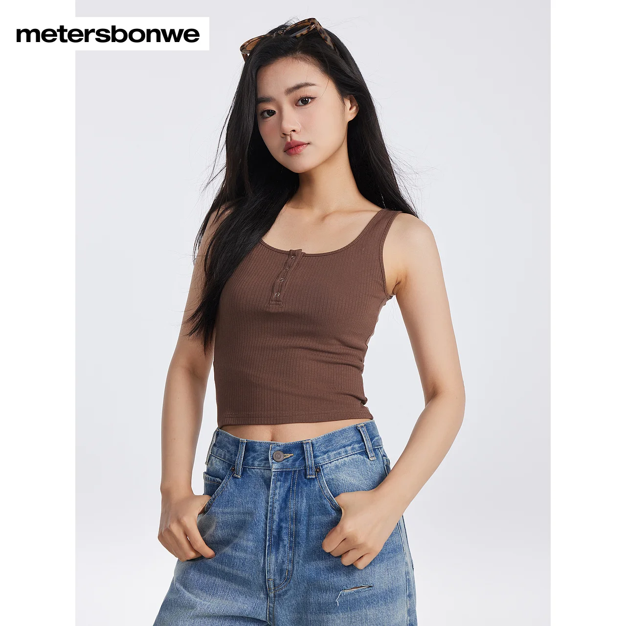 Metersbonwe - Women's Square Neck Knitted Vest Thin Sleeveless Solid Color T-Shirts Daily Travelling Summer TankTop