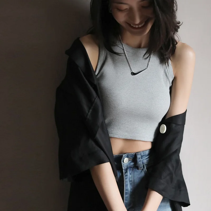 DOIAESKV Tank Top Women Basic Solid T Shirts Slim Halter Neck Off-shoulder Camisole Tops Tees Summer Female Tanks Sleeveless