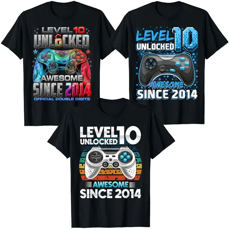 Level 10 Unlocked Awesome Since 2014 10th Birthday Gaming T-Shirt Video Gamer 10 Year Old Funny Bday Boy Ten Son Nephew Tee Gift