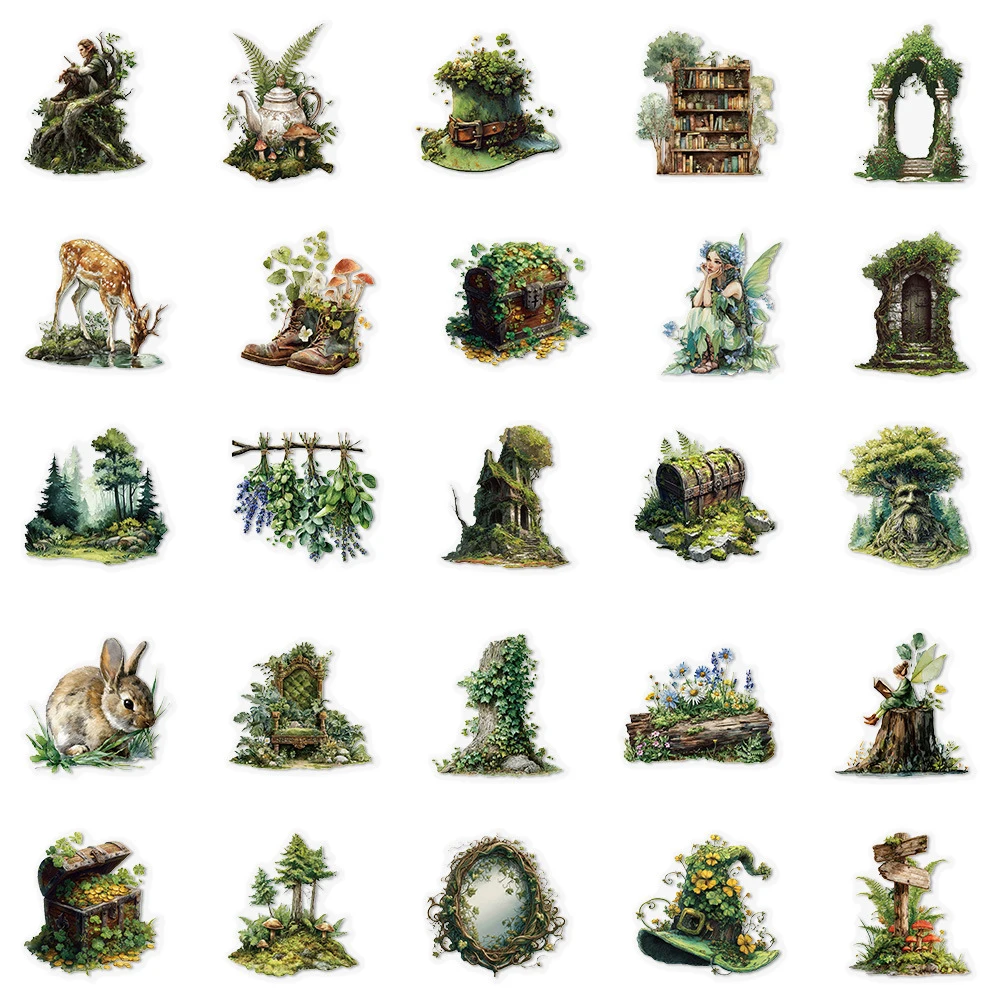 10/30/50pcs Vintage Green Forest Magic Witch PET Stickers for Notebook Laptop Guitar Car DIY Aesthetic Cartoon Sticker Kids Toys