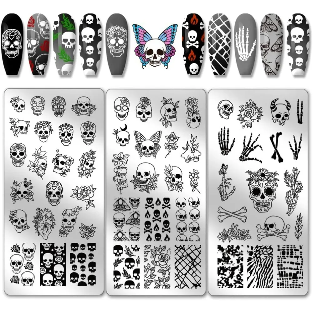 

3pcs Gothic Skull Nail Stamper 58 Patterns Horror Skeleton Flower Nail Stamping Plate Nail Art Stencils Stainless making kit