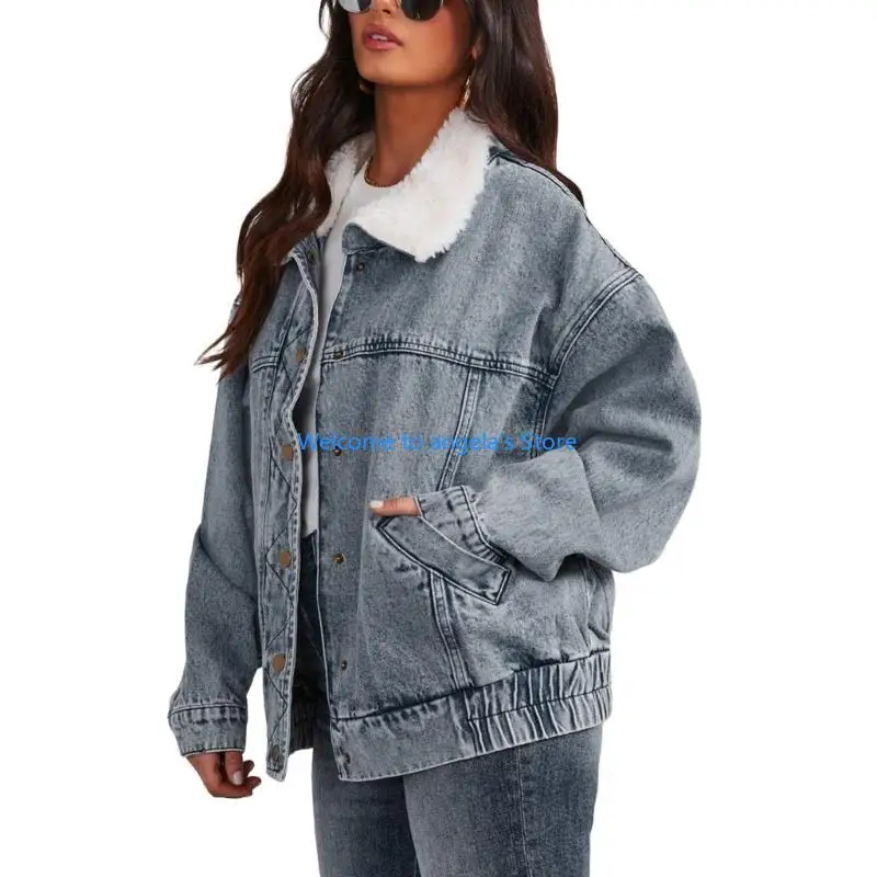 

X4YC Women Winter Fuzzy Thicken Collar Jeans Oversized Loose Coat with Pockets