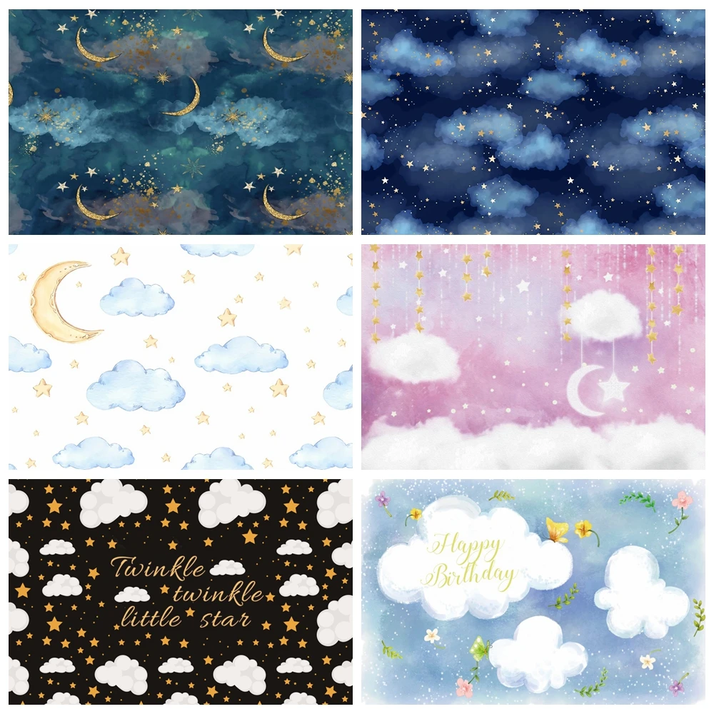 

White Cloud Backdrop Photography Blue Starry Sky Cake Smash Newborn Baby Shower Photo Studio Background Birthday Party Photocall