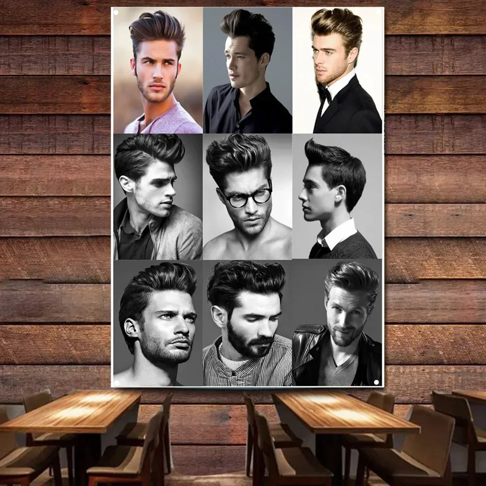 Men's Tattoo Hairstyles Poster Flag with 4 Grommets Custom Hair Salon Hairstyle Design Banner Vintage Barber Shop Signboard A2