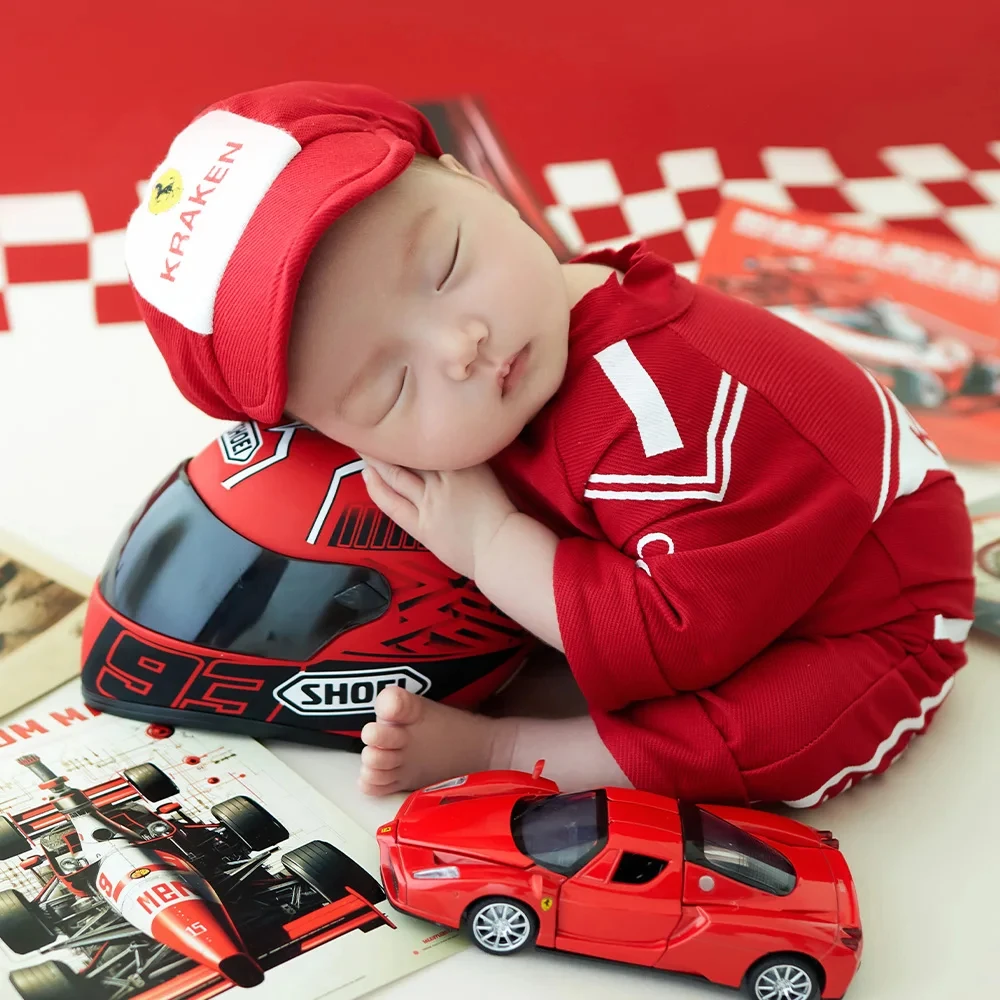 Baby kombinezon wyścigowy Newborn Photography stroy motocyklowe Baby Boy Clothing kask samochodowy Cool Baby akcesoria myśliwskie