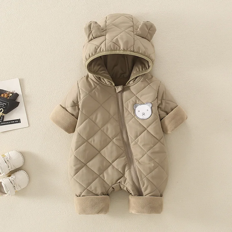 AYNIGIELL Late Autumn, Early Winter Baby Jumpsuit Thick Warm Infant Hooded Inside Fleece Rompers Newborn Boy Girl Overalls