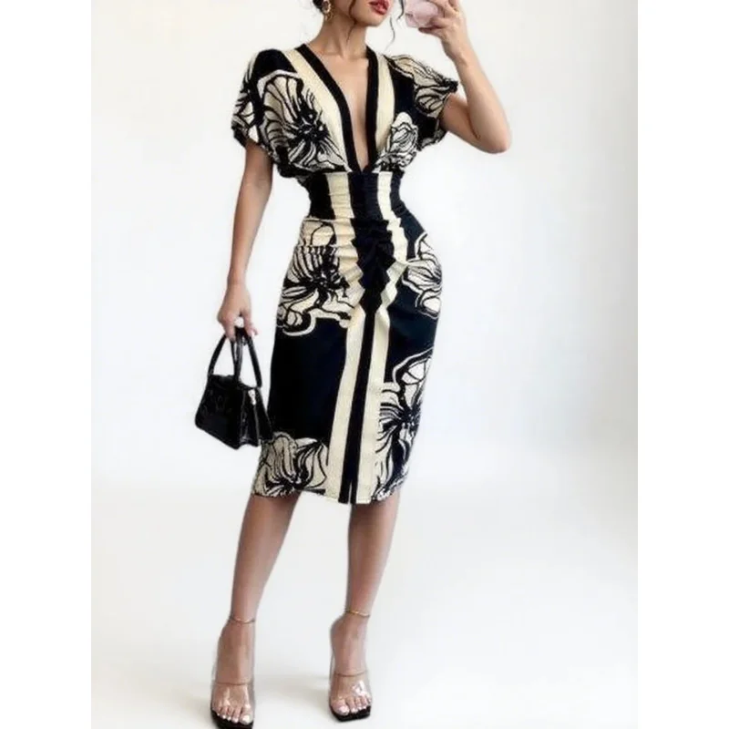 Black White Floral Deep V Midi Dress Women's Flutter Sleeve Style Bodycon Fit Suitable for Evening Soirées Trendy Socials