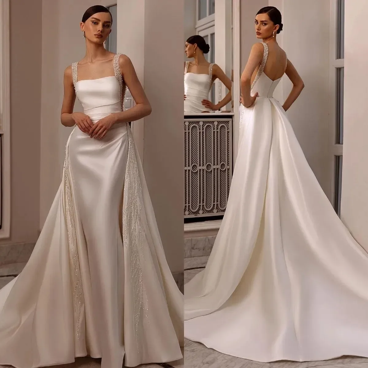 

Mermaid Dresses Glamorous Over skirts Pearls Beads Straps Satin Wedding Dress Sweep Train Robe Bridal Gowns Customized