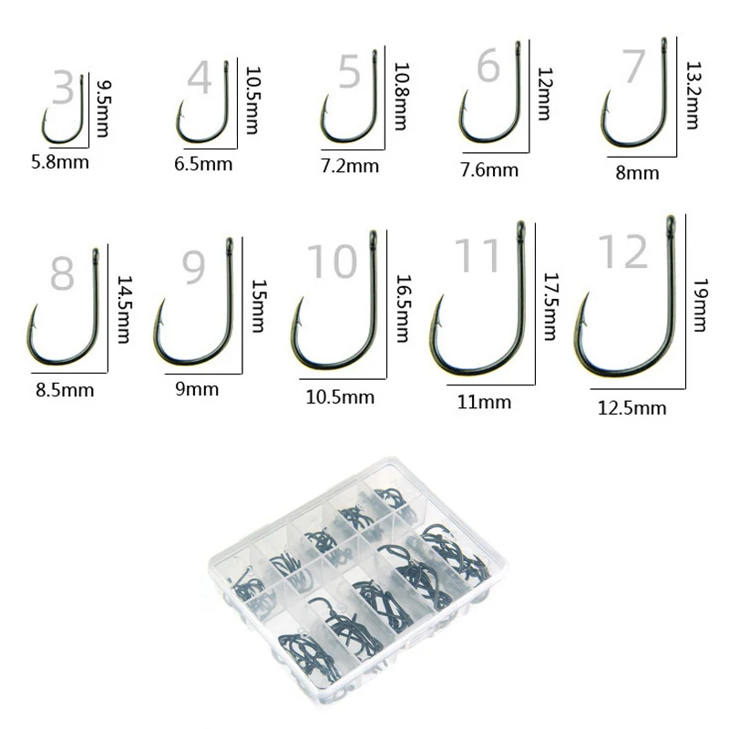 100pcs/box 3#-12# 10 grid box Carp Fishing Hook Offset Circle Hook Single Fly Fishing Jig Hook Barbed sea Fishhook Tackle