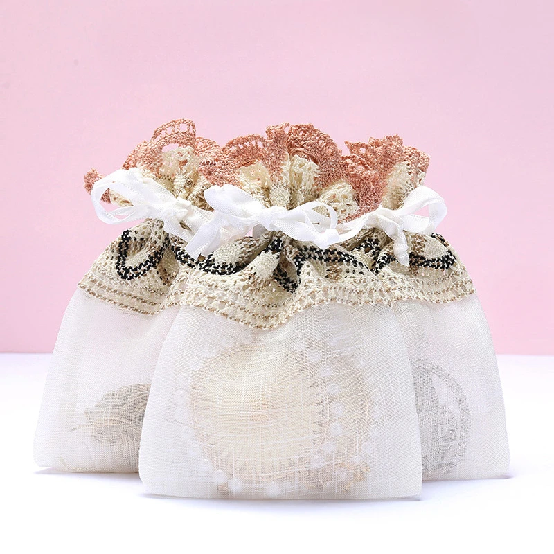 1pcs Beige Drawstring Gift Small Hole Lace Bag Wedding Candy Jewelry Souvenir Packing Storage Bags for Guests Ornaments Box