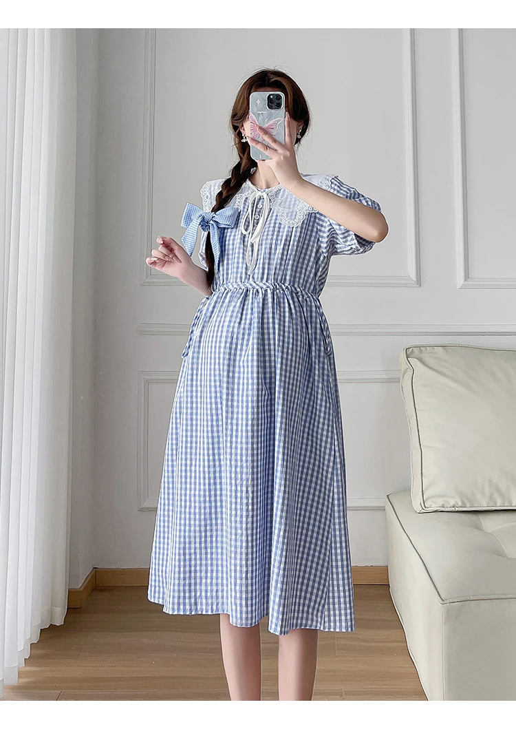 

Blue 2024 Summer Maternity Clothes Ruffled Big Peter Pan Collar Short Sleeve Pregnant Woman Nursing Dress Pregnancy Plaid Dress