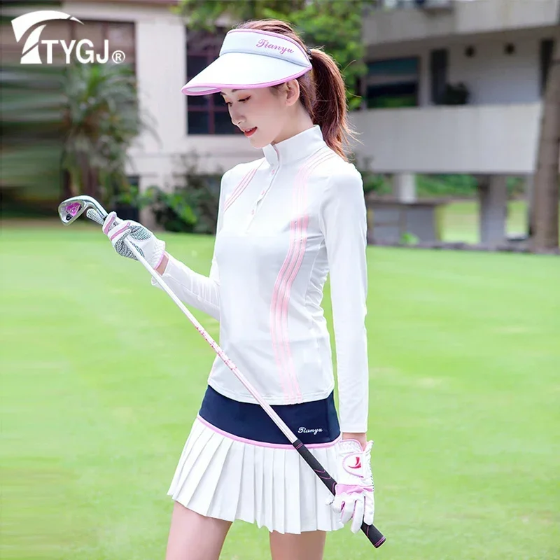 TTYGJ Women Quick Dry Stripe Golf Shirt Ladies Long Sleeve Sunscreen T-shirt Women Stand Collar Golf Tops Autumn Sportswear