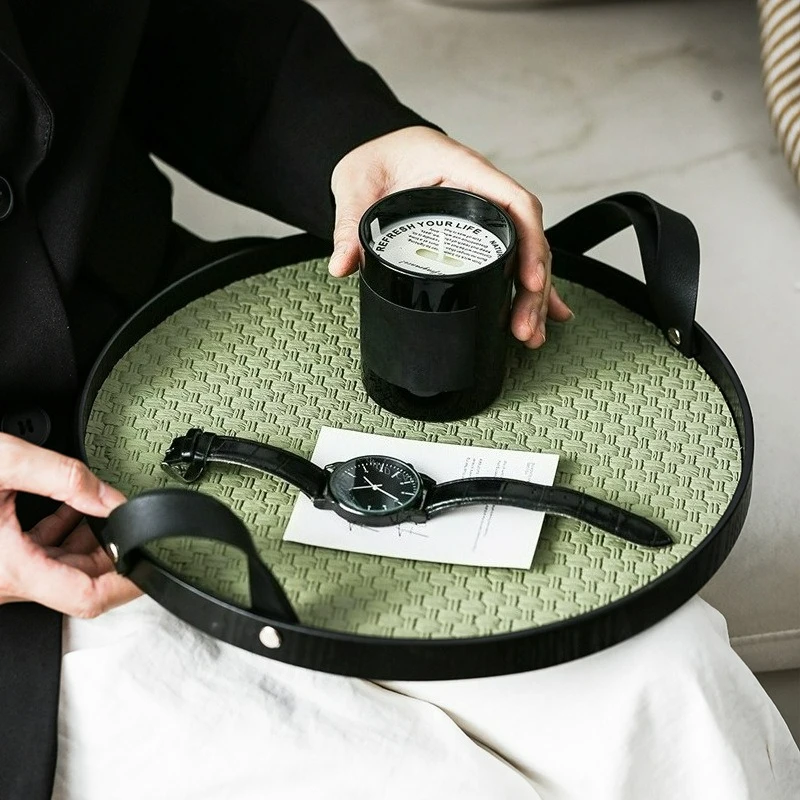 

Modern Luxury Woven Leather and Wooden Round Tray - Jewelry, Vanity, Decorative, Catchall, Serving Tray for All Occasions