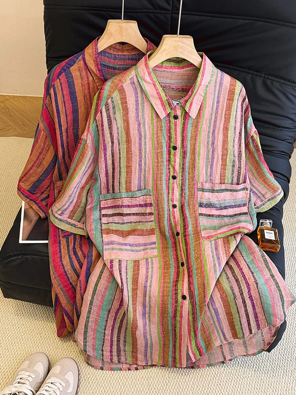 Artistic Mid-Length Striped irt Large Size Women's Double ket Single Button Turn-down Collar Slimming Versatile Top Summer