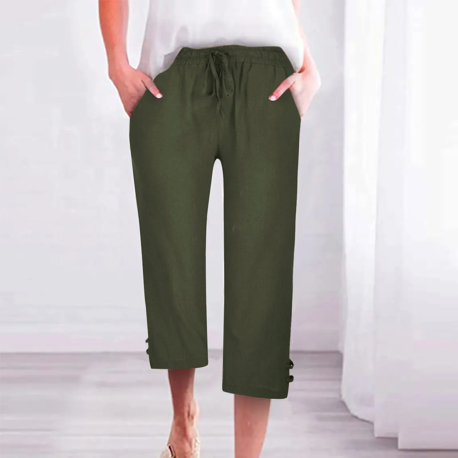 Pantalones de lino y algodón para mujer, pantalón corto de cintura alta con bolsillos, holgado, informal, a la moda, para primavera y verano, 2024