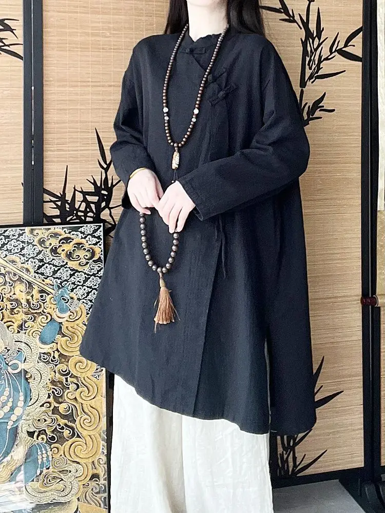 جديد الصينية Sle Zen رداء مجموعة المرأة القطن الكتان عادية Faion منتصف طول الجانب زرر البوذية ملابس الشخص