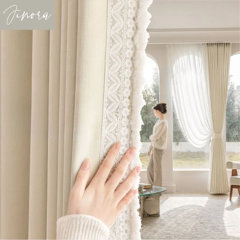 

French cream style curtains for bedroom and living room high-end white cloud velvet thick chenille blackout curtains customized