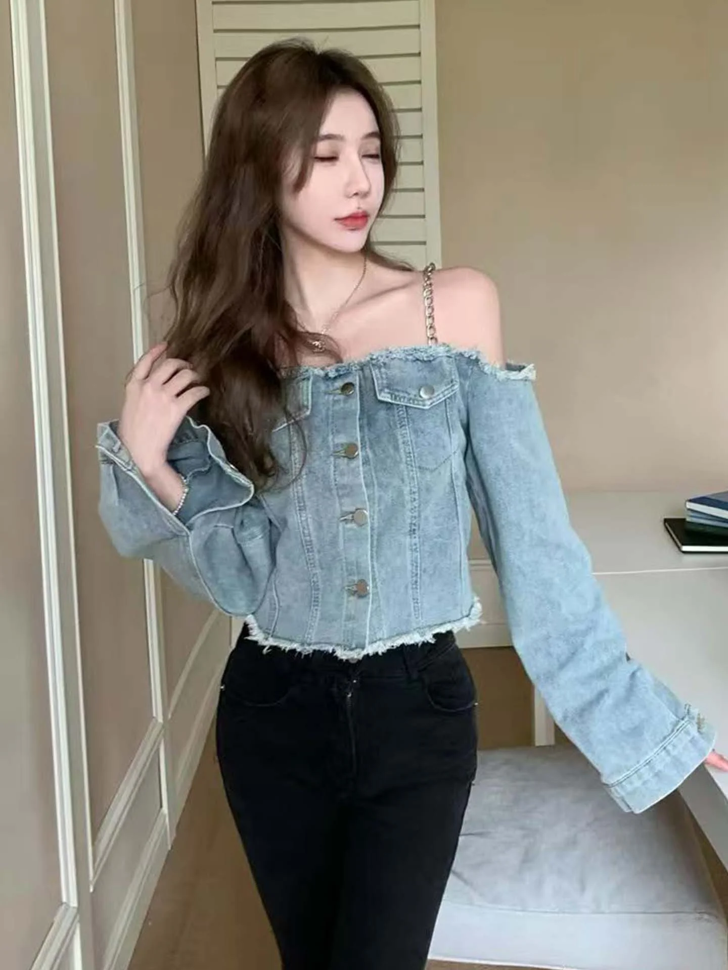 

American Sle Sexy oulder Baring Denim Strap Women's Pure Desire Spicy Long Sve One oulder Top Ele Design Sensation