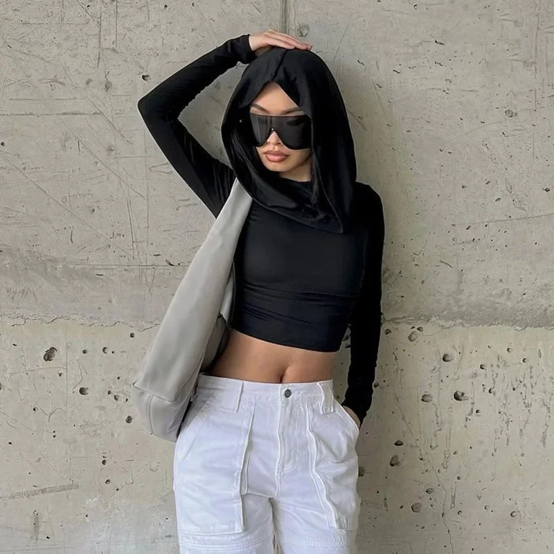 Fashion Hooded Women Crop Tops 2025 Elegant Long Sleeve T-shirt Spring Y2k Slim Fit Blouse New Streetwear Solid Color Short Top
