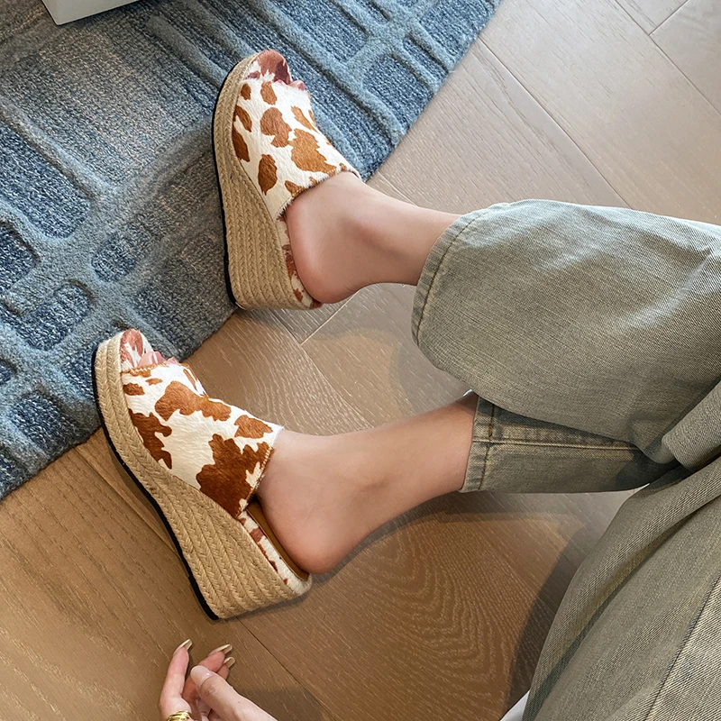 

Women’s Wedge Sandals Shoes Thick Platform Heel Sandals Espadrilles Lady Summer Horsehair High Heel Peep Toe Cow Dot Sandals